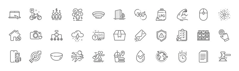 Thunderstorm weather, Checklist and 360 degree line icons. Pack of Fireworks explosion, Cursor, Fast food icon. Phone pay, Shield, Buildings pictogram. Loan house, Fast delivery, Bike. Vector