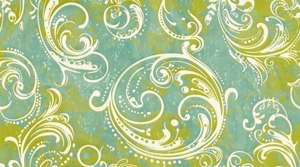 a green and white wallpaper with swirls and dots on a light green background with white swirls and dots on a light green background.