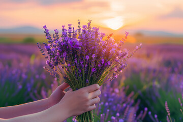 Bouquet of lavender in women's hands at dawn in a field. Spring postcard.