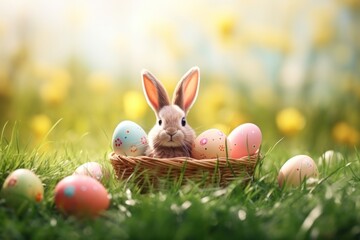 Easter bunny in green grass with painted eggs, sunny day, egg hunt, Happy Easter banner background - 762714673