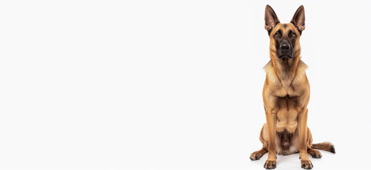 Belgian Malinois Dog. German Shepherd on White Background. Cute Happy Adult Canine Sitting and Standing and Watching the Camera. Sheepdog Animal Isolated on White. Police Pet Trained for Securicy.