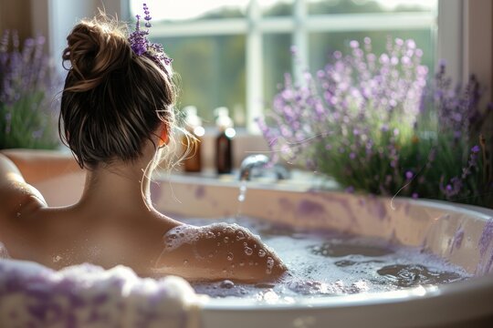 Back view of woman taking lavender oil bath. Luxurious bath and spa time concept.