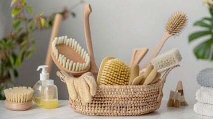 A basket filled with essential cleaning supplies including brushes, sponges, rubber gloves, and eco-friendly natural cleaning products - obrazy, fototapety, plakaty