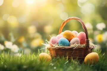 Easter wicker basket, colorful painted eggs in green grass, sunny day, egg hunt, banner background - 762714824