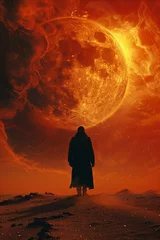Rolgordijnen The silhouette of a man in the desert against the background of the sun or planet © CaptainMCity