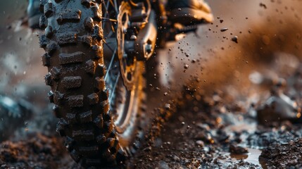 close up down shot dirt bike with automotive tires is navigating through a muddy puddle, splattering mud on its fender and leaving tracks with its treaded wheels