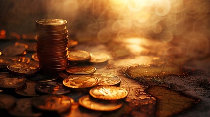 A stack of coins sits on top of a wooden table, reflecting light and creating a sense of wealth and prosperity - obrazy, fototapety, plakaty