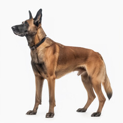 Belgian Malinois Dog. Cute Happy Adult Canine Sitting and Standing and Watching the Camera. Sheepdog Animal Isolated on White. Police Pet Trained for Securicy. German Shepherd on White Background.