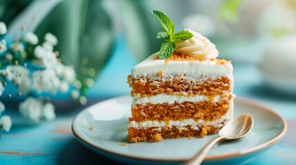 A close-up view captures a slice of delectably sweet carrot sponge cake