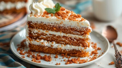 A close-up view captures a slice of delectably sweet carrot sponge cake - obrazy, fototapety, plakaty