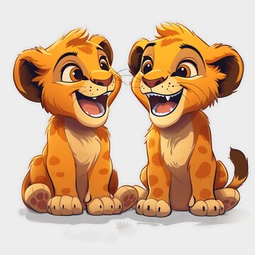 Digital Duo: Animated Sticker of Smiling Lion Cubs, Perfect for Digital Messaging, Ready to Be Used. wild, wilderness.