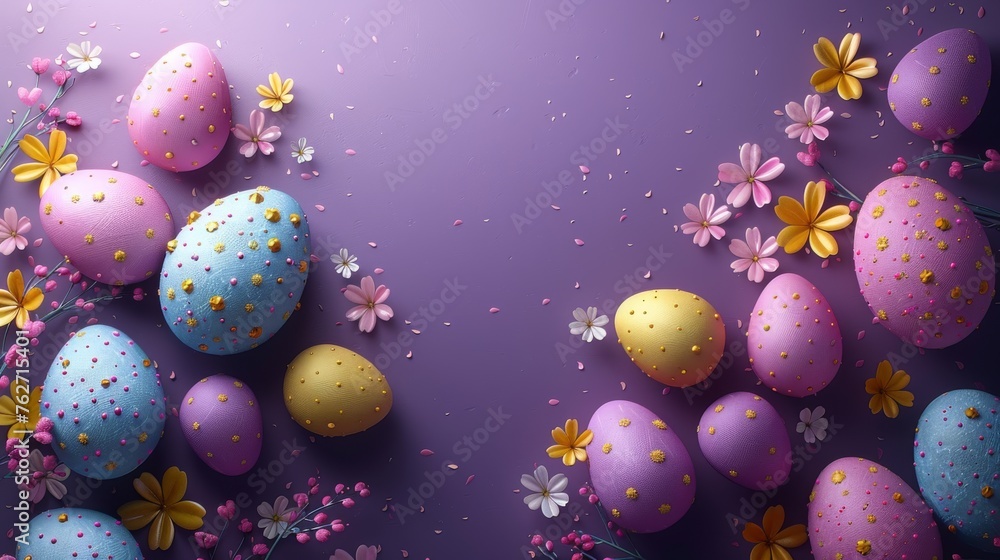 Poster a set of easter eggs surrounded by blooms on a violet backdrop, featuring space for text on the righ