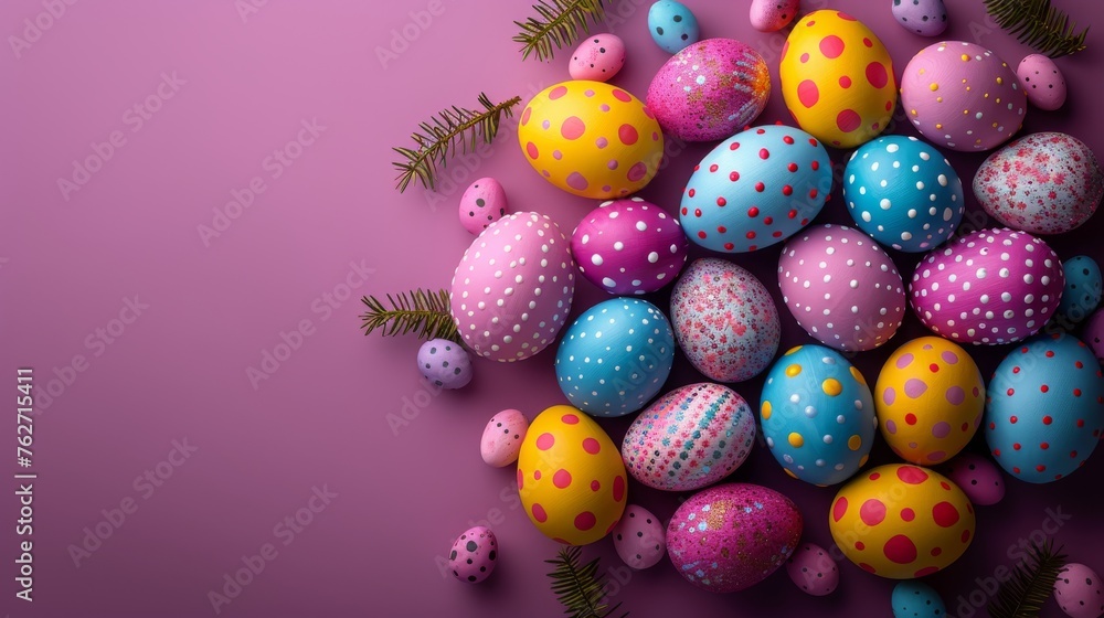 Poster a collection of colorful eggs stacked on a purple background alongside a pine tree limb and cone