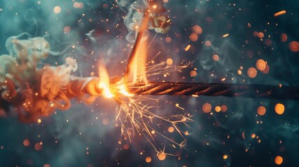 A dramatic close-up showcases flame, smoke, and sparks emanating from an electrical cable