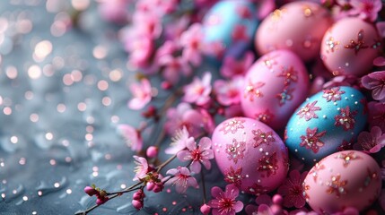  A collection of colorful eggs adorned with decorations rests atop a blue-and-white tablecloth, surrounded by vibrant pink flowers