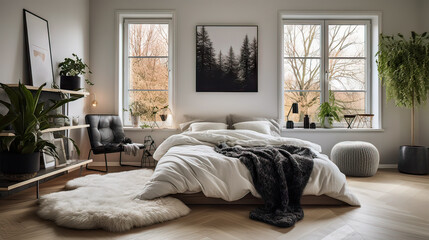 A bedroom with a white bed and black and white blanket. The bed is surrounded by a rug and there are potted plants in the room. The room has a cozy and inviting atmosphere