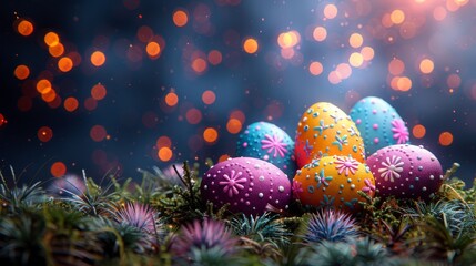 Obraz na płótnie Canvas Group of vibrant Easter eggs arranged on mossy floor near string lights
