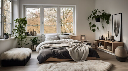 A bedroom with a white bed, a white rug, and a white pillow. The room has a cozy and comfortable atmosphere