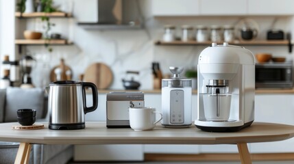 Household and kitchen appliances are arrayed on a table