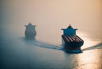 Cargo ship sailing through ocean. Freight transportation.