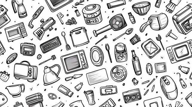 A seamless pattern featuring hand-drawn illustrations of various household appliances