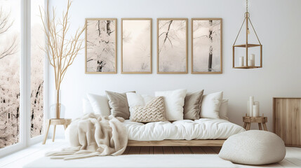 A living room with a white couch, a wooden coffee table, and a vase with a tree branch in it. The room has a minimalist and cozy feel, with a few decorative elements like the vase and the potted plant - obrazy, fototapety, plakaty