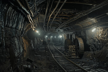 An underground coal mine with miners working, railways and pipes on the ceiling. - obrazy, fototapety, plakaty