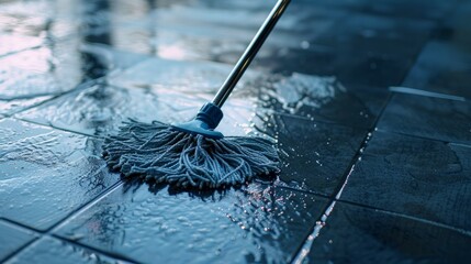 A mop efficiently cleans a dirty tiled floor, transforming it to a shiny, pristine condition