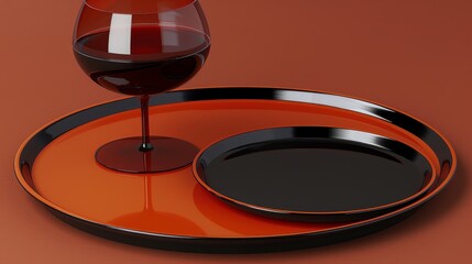 a glass of red wine sitting on top of an orange plate next to a wine glass on top of a black plate.
