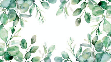 A detailed watercolor painting featuring vibrant green leaves against a clean white background. The leaves are lush and intricate, showcasing delicate veins and varying shades. Banner. Copy space - obrazy, fototapety, plakaty