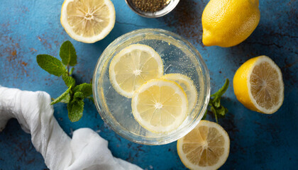 Food Photography - Sparkling Water with Lemon Wedges - obrazy, fototapety, plakaty