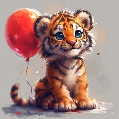 Playful Jungle Wonders: Orange Tiger Cub Chasing a Shiny Balloon - Animated Sticker for Joyful and Vibrant Digital Expressions. wild, wilderness.