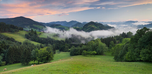 Blick ins Alpenvorland bei Maria Neustift, Wolken, Weide, Oberösterreich, Österreich