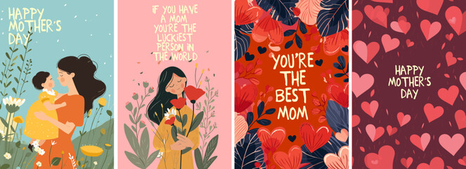 Mother's Day illustrations in vector style, featuring loving moments between mothers and children, set against a backdrop of floral elements and heart-filled patterns.