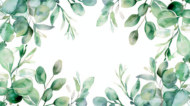 A detailed watercolor painting featuring vibrant green leaves against a clean white background. The leaves are lush and intricate, showcasing delicate veins and varying shades. Banner. Copy space