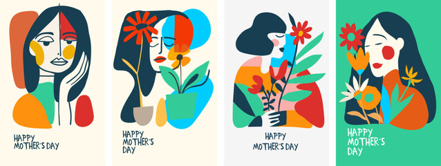 Set of four abstract vector illustrations celebrating Mother's Day, featuring stylized female figures with plants and flowers in a modern, simplistic art style.