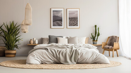 A bedroom with a white bed, a chair, and a potted plant. The bed is covered with a white blanket and pillows. The room has a minimalist and cozy feel