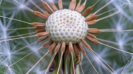 a close up of a dandelion flower with lots of seeds in the middle of the dandelion.