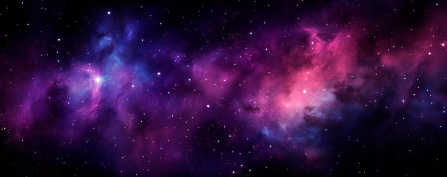The purple and blue space is a vast expanse filled with countless stars twinkling against the dark backdrop. The colors blend seamlessly, creating a mesmerizing celestial. Banner. Copy space