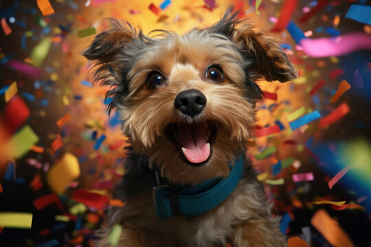 Cute fluffy puppy dog with party hat , birthday balloons . Puppy dogs party.