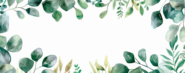 A watercolor painting featuring intricate green leaves of varying sizes and shapes against a clean...