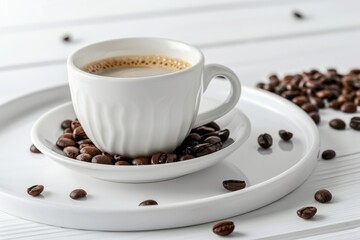 Porcelain white cup with coffee on white plate with beans on white wooden table at breakfast macro view. Front view. Horizontal composition.