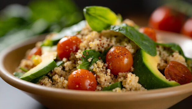 Healthy Food Photography - Quinoa Salad with Avocado, Cherry Tomatoes, and Spinach