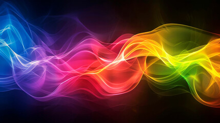 Vibrant wave of multicolored smoke billowing dynamically against stark black background. Smoke displays a range of hues, blending and swirling together to form eye-catching pattern. Banner. Copy space
