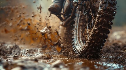close up shot person is navigating their dirt bike through a muddy puddle, splattering water and mud. The tires tread grips the terrain as the wheel spins through the landscape