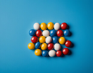 Obraz premium Close-up of a set of colorful round candies on a blue background