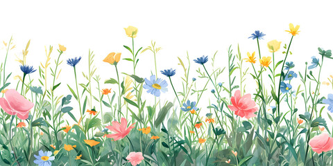 Colorful field of flowers painted in watercolors, perfect for nature-themed designs
