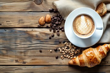 Porcelain white cup with hot coffee, croissant and beans on brown wooden table at breakfast. Top...