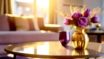 Rolgordijnen Im Vordergrund ein Tisch, im Hintergrunde in Wohnzimmer  in lila und Goldtönen  © Sina Ettmer
