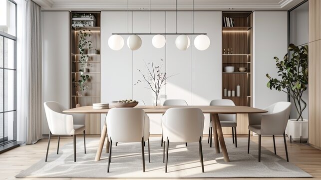 Home mockup, modern white dining room interior with light grey leather chairs, wooden table and decor, 3d render, soft sunlight